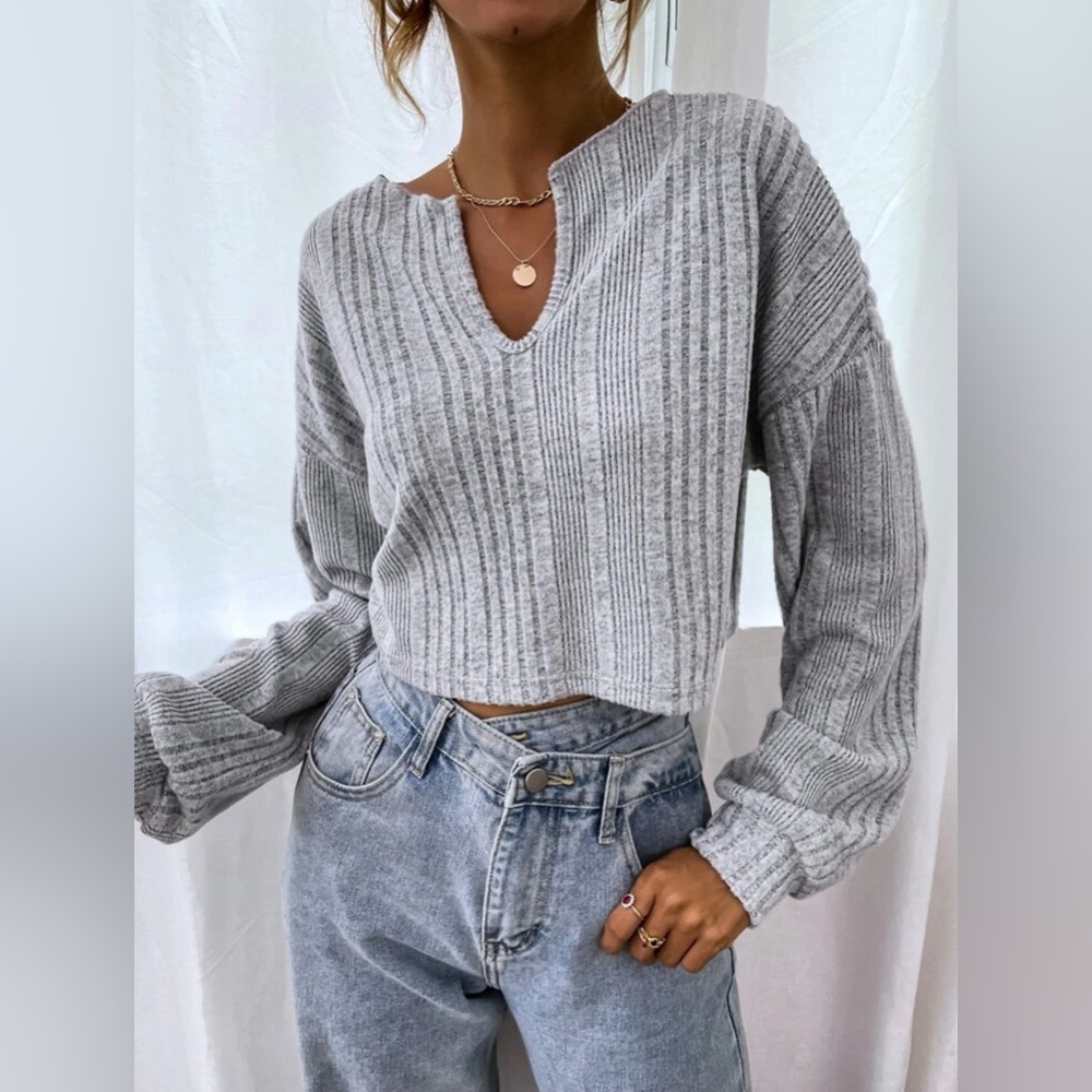 Knit Cropped Tee with Rounded V